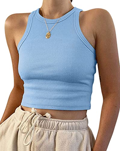 Onsoyours Damen Sexy Ärmellos Racerback Crop Top Casual Basic Einfarbig Rundhals Strick Corset Tank Top Sommer A Hellblau M von Onsoyours