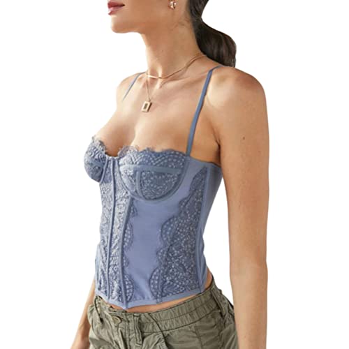 Onsoyours Damen Sexy Mesh Corset Crop Tops Bustier Spaghetti Lace Up Ärmellos Backless Cami Top Y2K Frauen Korsett Top Party Streetwear Clubwear C Blau M von Onsoyours