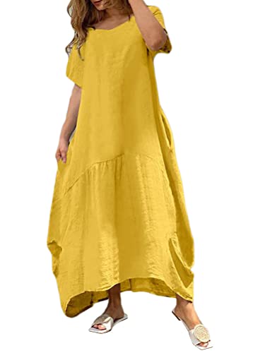 Onsoyours Damen Sommer Baumwolle Boho Kleider Maxi Tunika Kleid Lang Sommerkleid Einfarbig Strandkleid Casual Lose Swing Lässig Kleid Kurzarm Rundhals Kleider mit Taschen C Gelb XXL von Onsoyours