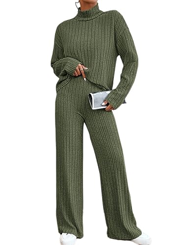 Onsoyours Damen Strick Set Pullover mit Rollkragen 2 Stück Set Einfarbig Outfits Freizeitanzug Gestrickt Sportanzug Jogginganzug Trainingsanzug Set B Armeegrün S von Onsoyours