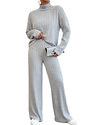 Onsoyours Damen Strick Set Pullover mit Rollkragen 2 Stück Set Einfarbig Outfits Freizeitanzug Gestrickt Sportanzug Jogginganzug Trainingsanzug Set B Grau XL von Onsoyours