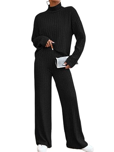 Onsoyours Damen Strick Set Pullover mit Rollkragen 2 Stück Set Einfarbig Outfits Freizeitanzug Gestrickt Sportanzug Jogginganzug Trainingsanzug Set B Schwarz S von Onsoyours