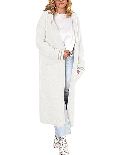 Onsoyours Damen Strickjacke Lang Cardigan Kapuzenpullover Lose Warm Herbst Winter Jacke Mantel mit Kapuze J Weiß XL von Onsoyours