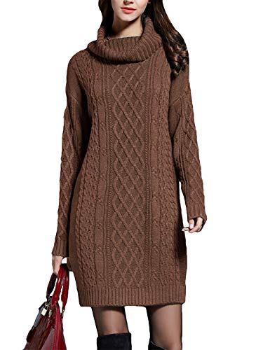 Onsoyours Damen Strickkleid Rollkragen Langarm Stretch Pullikleid Lang Strickpullover Elegant Minikleid für Winter Braun 4XL von Onsoyours