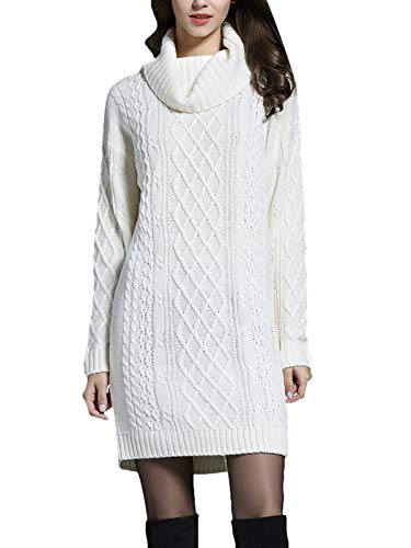 Onsoyours Damen Strickkleid Rollkragen Langarm Stretch Pullikleid Lang Strickpullover Elegant Minikleid für Winter Weiß M von Onsoyours