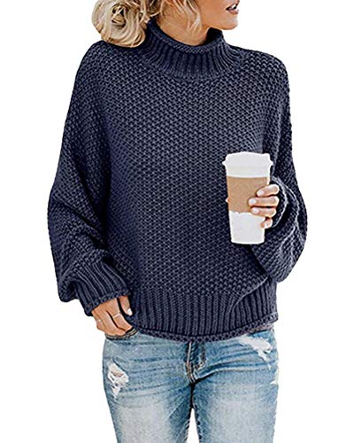 Onsoyours Damen Strickpullover Casual Herbst Winter Sweater Langarm Lose Pulli Jumper Sweatshirt Strickpulli Pullover Rollkragenpullover Streifenpullover (40, A Marine) von Onsoyours