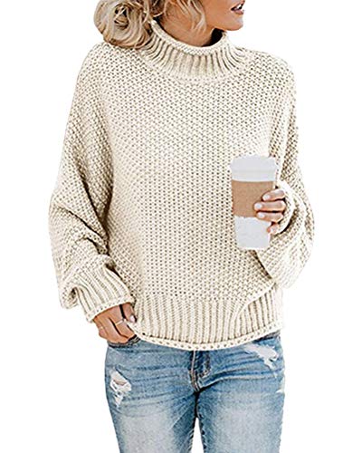 Onsoyours Damen Strickpullover Casual Herbst Winter Sweater Langarm Lose Pulli Jumper Sweatshirt Strickpulli Pullover Rollkragenpullover Streifenpullover (42, A Beige) von Onsoyours