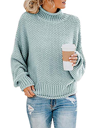 Onsoyours Damen Strickpullover Casual Herbst Winter Sweater Langarm Lose Pulli Jumper Sweatshirt Strickpulli Pullover Rollkragenpullover Streifenpullover (44, A Hellblau) von Onsoyours