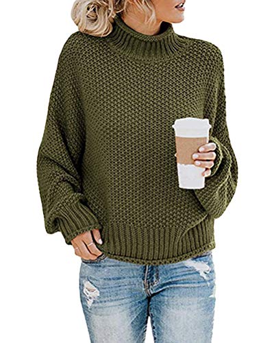 Onsoyours Damen Strickpullover Casual Herbst Winter Sweater Langarm Lose Pulli Jumper Sweatshirt Strickpulli Pullover Rollkragenpullover Streifenpullover A Grün 34 von Onsoyours