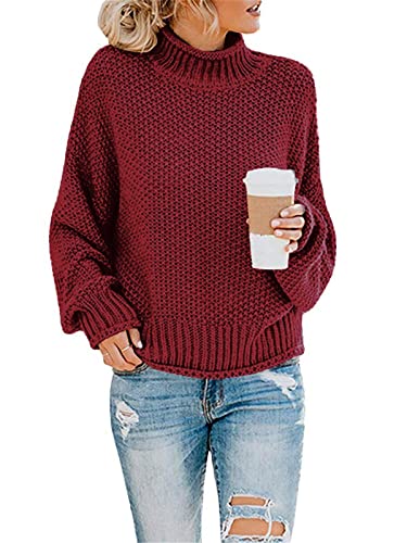 Onsoyours Damen Strickpullover Langarm Rundhals Pulli Loose Oversize Einfarbig Pullover Herbst und Winter Strickpulli Pullover A Rot 36 von Onsoyours