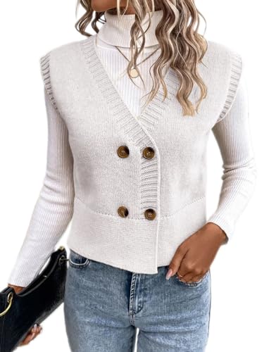 Onsoyours Damen Strickweste Weste Ärmellose V-Ausschnitt Strickjacke Strickweste Cardigan Vest Top Pullunder Weste Herbst Winter Sweater Knopfweste Strickpullover A Weiß S von Onsoyours