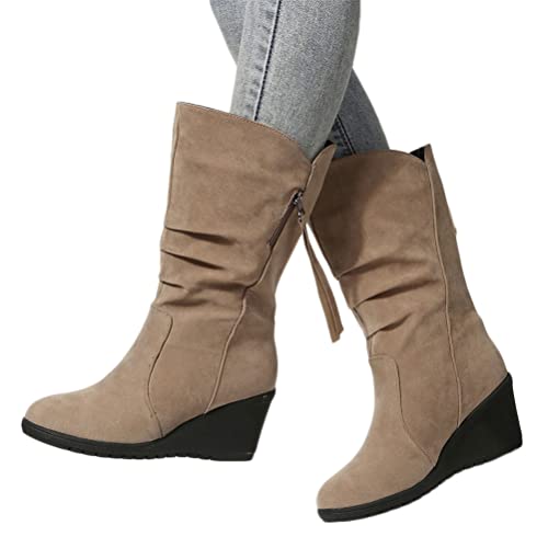 Onsoyours Damen Wildleder Mittelhohe Stiefel Reitstiefel Einfarbig Winterstiefel Slip On Runde Zehe Schneestiefel Erhöhung Ritterstiefel mit Keilabsatz Herbst Winter B Khaki 36 EU von Onsoyours