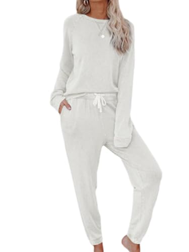 Onsoyours Damen Zweiteiler Jogginganzug Outfits Freizeitanzug Hausanzug Langarm Rundhals Pullover + Lässige Hose mit Kordelzug Trainingsanzug Sportanzug Loungewear A Weiß 3XL von Onsoyours