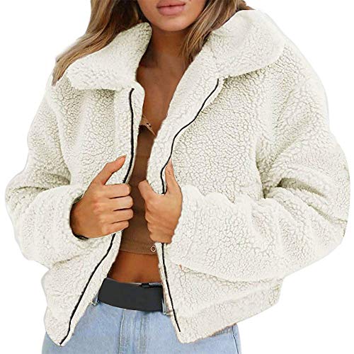 Onsoyours Fleecejacke Damen Plüschjacke Einfarbig Reißverschluss Revers Plüsch Mantel Casual Teddy Fleece Cardigan Warm Jacke Parka Outwear Frauen Mode Kurz Coat Winterjacke (L, Z Weiß) von Onsoyours