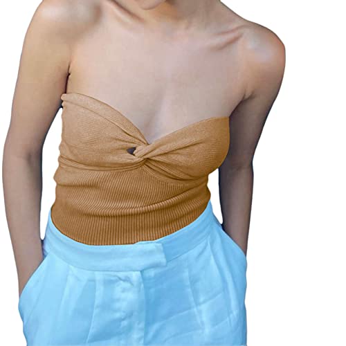 Onsoyours Gestrickte Solide Criss-Cross Camis Frauen Bodycon Crop Tops Liebsten Backless Y2k Top Streetwear Damen Schlank Corests B Khaki XS von Onsoyours