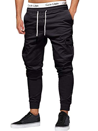 Onsoyours Herren Chino Hose Loose Fit Stretch Arbeitshose Moderene Chinohose mit Elastischem Kordelzug Z4 Schwarz Medium von Onsoyours