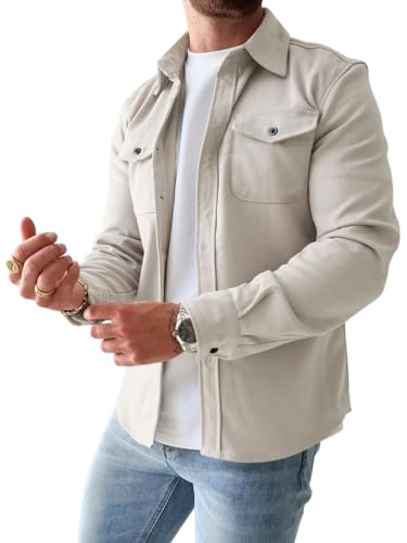 Onsoyours Herren Hemd Langarm Freizeithemd Männer Jacke Regular Fit Button Up Hemdjacke Mit Klappentasche Leichte Winterjacke Übergangsjacke Steppjacke Freizeitjacke A Beige L von Onsoyours