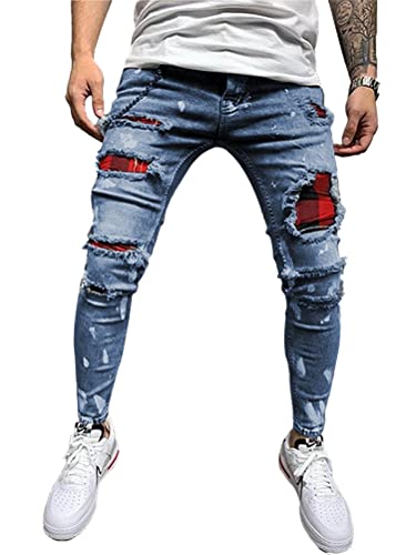 Onsoyours Herren Jeans Hose Slim Fit Denim Lange Destroyed Jeanshose für Männer Hip Hop Hose Coole Jungen Casual Stretch Freizeithose Schwarze Cargo Chino Hose A Dunkelblau XL von Onsoyours