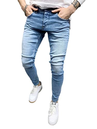 Onsoyours Herren Jeans Hose Slim Fit Denim Lange Destroyed Jeanshose für Männer Hip Hop Hose Coole Jungen Casual Stretch Freizeithose Schwarze Cargo Chino Hose B Hellblau M von Onsoyours