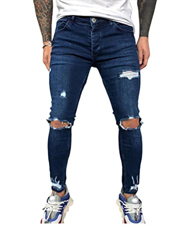 Onsoyours Herren Jeans Hose Slim Fit Denim Lange Destroyed Jeanshose für Männer Hip Hop Hose Coole Jungen Casual Stretch Freizeithose Schwarze Cargo Chino Hose D Dunkelblau XL von Onsoyours