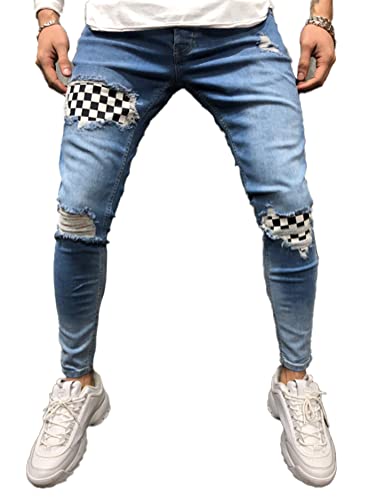 Onsoyours Herren Jeans Hose Slim Fit Denim Lange Destroyed Jeanshose für Männer Hip Hop Hose Coole Jungen Casual Stretch Freizeithose Schwarze Cargo Chino Hose F Hellblau S von Onsoyours