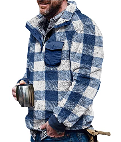 Onsoyours Herren Kunstfell Doppelseitige Wolle Jacke mit Taschen Warm Plüsch Mantel Sweatshirt Pullover Kapuzenpullover Plüschjacke Blaues Gitter 3XL von Onsoyours