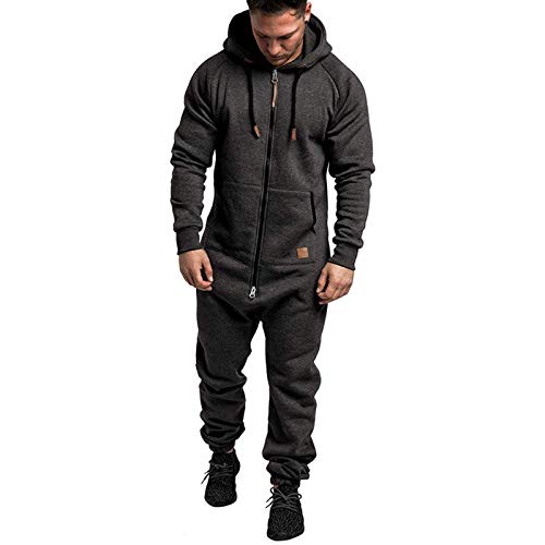 Onsoyours Herren One Piece Pyjamas Mit Kapuze Tasche Kordelzug Reißverschluss Jumpsuit Onesie Strampler Langer Spielanzug Einteiliger Pyjama Overall Herbst Winter A Dunkelgrau M von Onsoyours