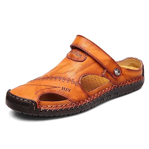 Onsoyours Herren Rindleder Geschlossene Sandalen Männer Wandersandalen Strandschuhe Ledersandalen Sommer Slipper Loafer Gelb Braun 46 EU von Onsoyours