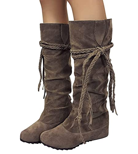 Onsoyours Hohe Stiefel für Damen Stiefeletten Ankle Boots Fransen Langschaft Winterschuhe Retro Stil Quaste Reiterstiefel Schuhe Runde Stiefel Khaki 42 EU von Onsoyours