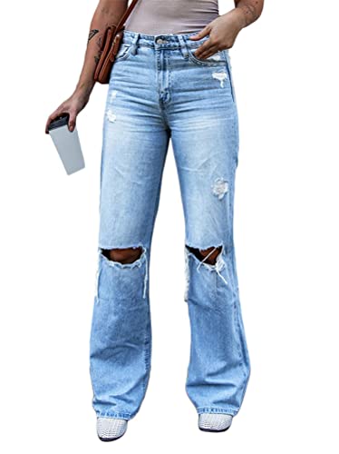 Onsoyours Jeans Damen Boyfriend Destroyed Jeans Jeanshosen Baggy Stretch Straight Jeans Lässige Strecken Röhrenjeans Zerrissene Hose mit Löchern C Hellblau XS von Onsoyours