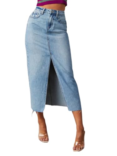 Onsoyours Jeansrock Damen Sommerrock High Waist Lang Jeansrock Y2K Skirt mit Vorderem Schlitz Denim Freizeitrock Reißverschluss Stretch Used-Look B Hellblau XL von Onsoyours