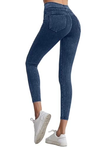 Onsoyours Jeggings Damen Stretch Bequem High Waist Jeans Leggings mit Taschen Skinny Jeanshosen Casual Sexy Denim Jeggings Yogahose Streetwear A Blau XL von Onsoyours