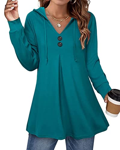 Onsoyours Kapuzenpullover Damen Tunika Langarm V-Ausschnitt Knopf Elegant Einfarbig Pullover Hoodie Pulli Oberteile Sweatshirt Tops mit Kordelzug A Blau XL von Onsoyours