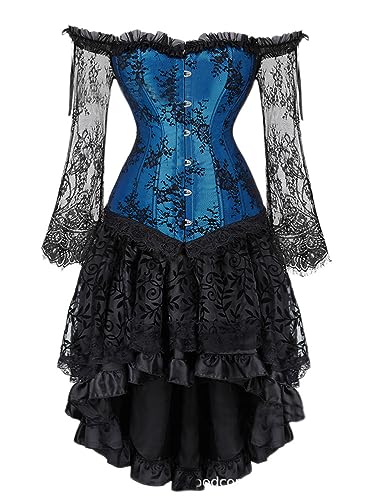 Onsoyours Korsett Kleid Damen Halloween Steampunk Corsage mit Strapsen Spitze Corset Dress Bustier Corsagenkleid Kostüm C Blau L von Onsoyours