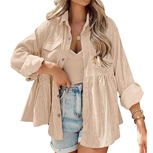 Onsoyours Neu Cordhemd Cordjacke Damen Oversize Shirt Frauen Hemdjacke aus Cord Langarm Lose Revers Cordstoff Bluse mit Knöpfen Frühling Herbst Hemd Outwear A Khaki S von Onsoyours