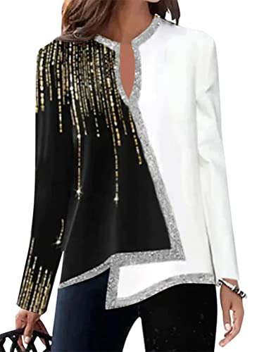 Onsoyours Pailletten Oberteil Elegant Langarmshirt Festliche Bluse Langarm Tunika Lässig V-Ausschnitt Glitzer Oberteile Tops Tunika Elegant Pullover Mode Party E Weiß L von Onsoyours