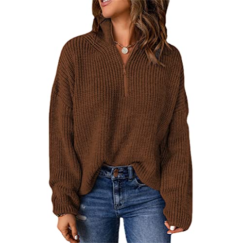 Onsoyours Pullover Damen Lässige Einfarbig Stehkragen Oberteile Pulli Langarm 1/4 Reißverschluss Pullover Strickpullover Freizeit Sweater Elegant Pullover Casual Sweatshirt A Braun M von Onsoyours