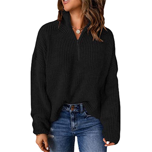 Onsoyours Pullover Damen Lässige Einfarbig Stehkragen Oberteile Pulli Langarm 1/4 Reißverschluss Pullover Strickpullover Freizeit Sweater Elegant Pullover Casual Sweatshirt A Schwarz M von Onsoyours