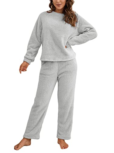 Onsoyours Schlafanzug Damen Polar Fleece Pyjama Für Frauen Warme Nachtwäsche Und Hausanzug Damen Langarm Hausanzug Zweiteiler Mit Tasche A Grau S von Onsoyours