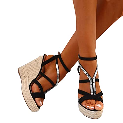 Onsoyours Schwarz Runde Zehe Keilabsatz Strass Fesselriemen Mode Sandalen Damen Schuhe 35 von Onsoyours