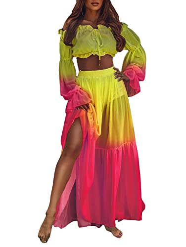 Onsoyours Strandkleid Damen Lang Strand Maxi Rock + Off Shoulder Oberteil Crop Top Sommerkleid Chiffon High Waist Bikini Cover Up Transparent Sommer Strand Bademode Outfit A Gelb M von Onsoyours