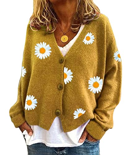 Onsoyours Strickjacke Damen V-Ausschnitt Cardigan Laternenhülle Casual Kurz Grobstrick Blumen Pullover Strickmantel Oversize Pullover Knopfleiste Outerwear A Gelb XL von Onsoyours