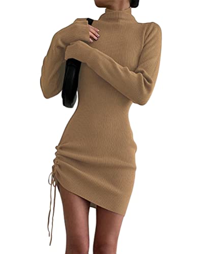 Onsoyours Strickkleid Damen Elegant Sexy Pulloverkleid Tunika Bodycon Kleid Strickpullover Rollkragen Langarm Minikleid mit Kordelzug A Khaki XS von Onsoyours