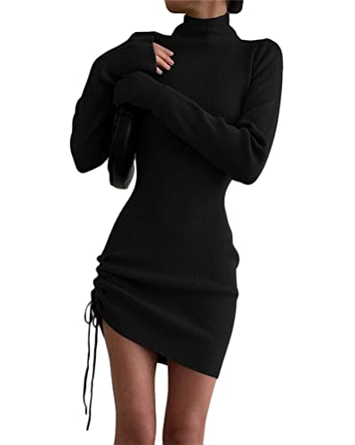 Onsoyours Strickkleid Damen Elegant Sexy Pulloverkleid Tunika Bodycon Kleid Strickpullover Rollkragen Langarm Minikleid mit Kordelzug A Schwarz S von Onsoyours