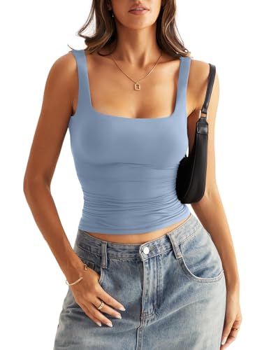 Onsoyours Tank Top Damen Y2K Backless Top Sommer Eckigem Ausschnitt Doppelt gefüttert Crop Top Sexy Oberteile Leicht Fitness Sport Tops A Hellblau XS von Onsoyours