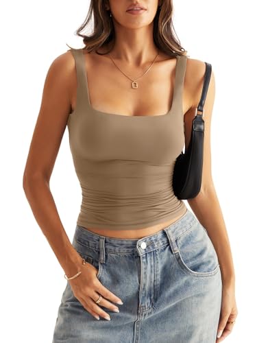 Onsoyours Tank Top Damen Y2K Backless Top Sommer Eckigem Ausschnitt Doppelt gefüttert Crop Top Sexy Oberteile Leicht Fitness Sport Tops A Khaki XXL von Onsoyours