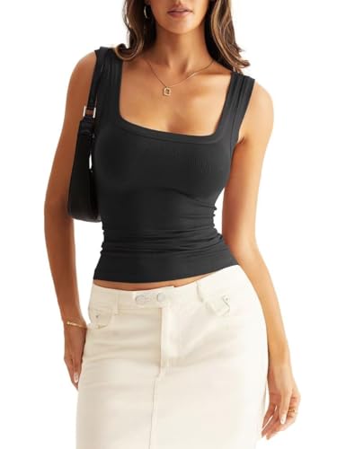 Onsoyours Tank Tops Damen Sommer Sexy Ribbed Ärmellos Quadratischer Hals Crop Top Sport Oberteile Kurz Fitted Gerippt Backless Top Basic Shirt A Schwarz XL von Onsoyours