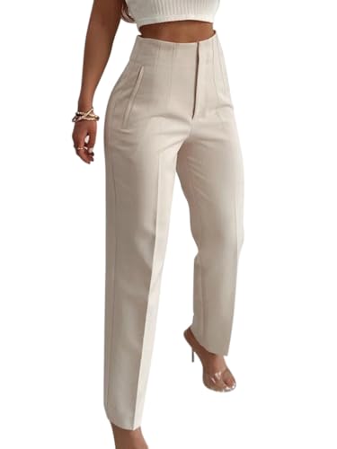 Onsoyours Weite Hosen Damen-Lässig Locker Gerade Beinform Hohe Taille Stoffhose Mode Anzughose Freizeithose Tailliert im Rücken Business Arbeitshose mit Tasche A Beige M von Onsoyours