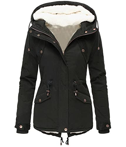 Onsoyours Wintermantel Damen Warm Gefüttert Winter Parka Jacke Mittellang Winterjacke mit Fellkapuze Dicke Coat A Schwarz S von Onsoyours