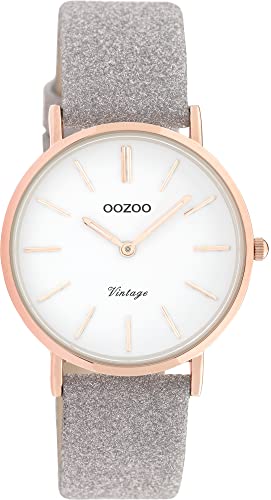 Oozoo Vintage Armbanduhr mit Glitzer Lederband 32 MM Rosegoldfarben/Weiß/Taupe C20158 von Oozoo